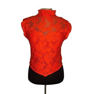 Vintage and Vibrant Orange Lace Top stand collar buttons in back size 4-6